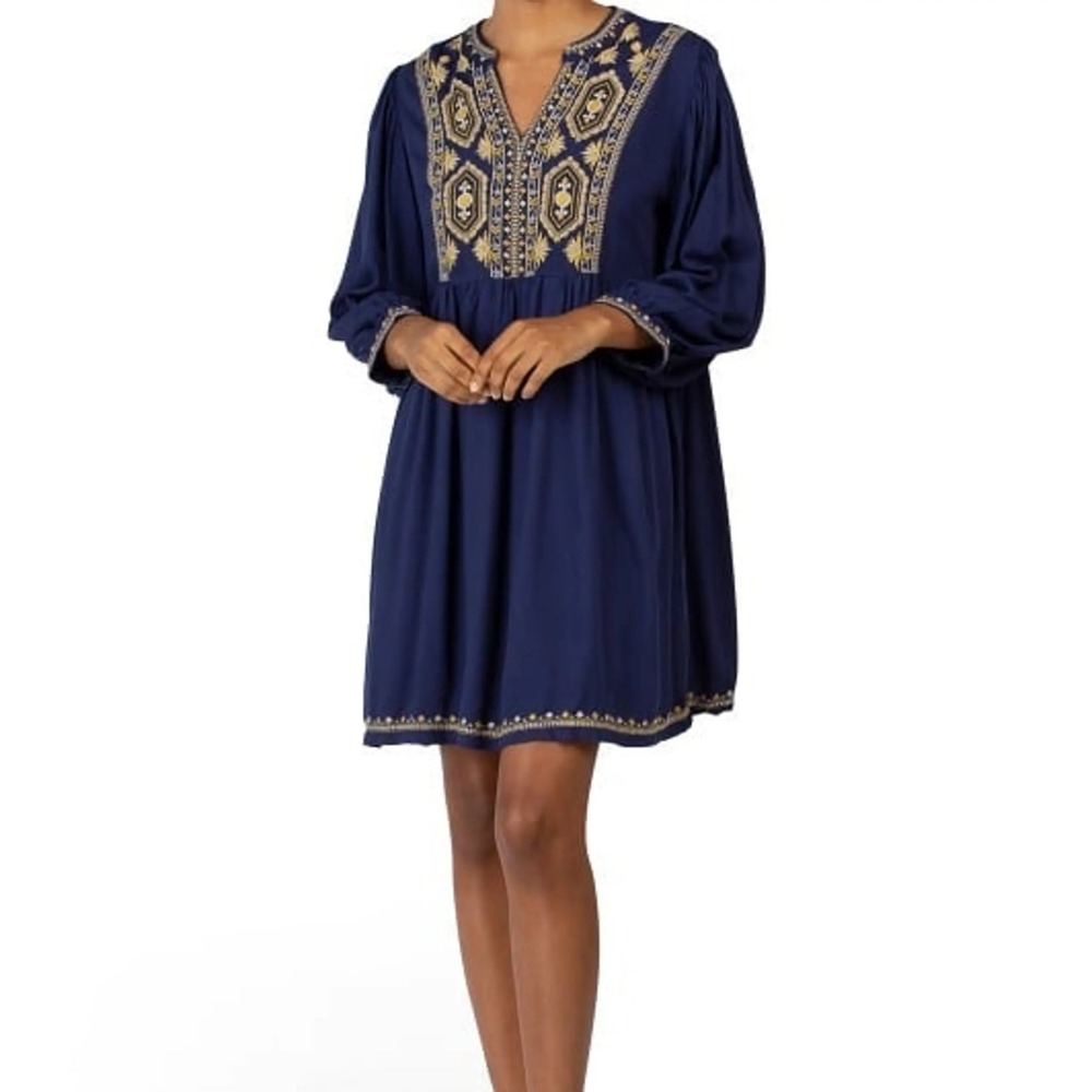 Solitaire Embroidered Boho Babydoll Tunic Mini Dress XL Boho Rayon Navy Blue